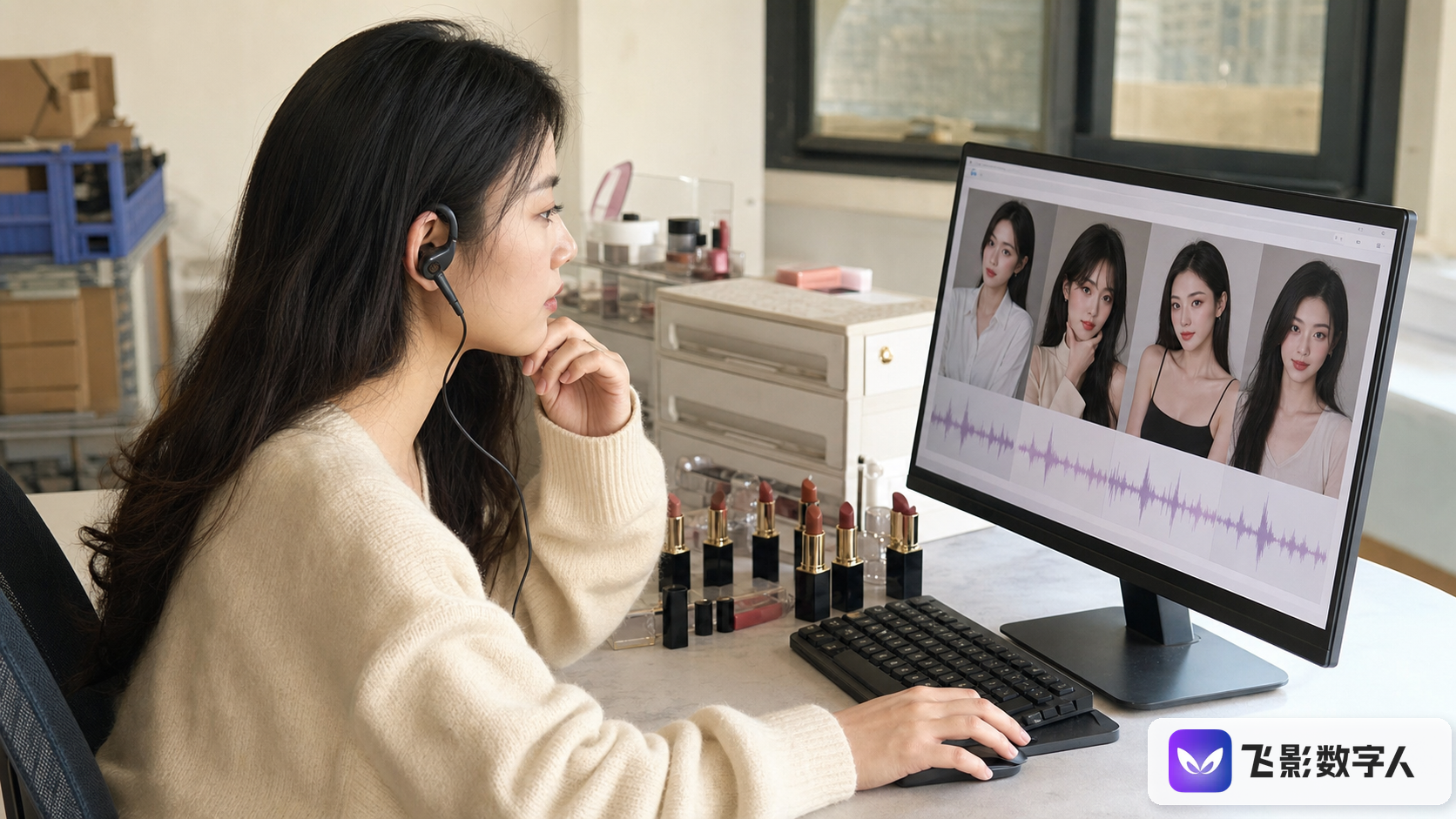 义乌彩妆运营人员在电脑前选择数字人人物并试听声音