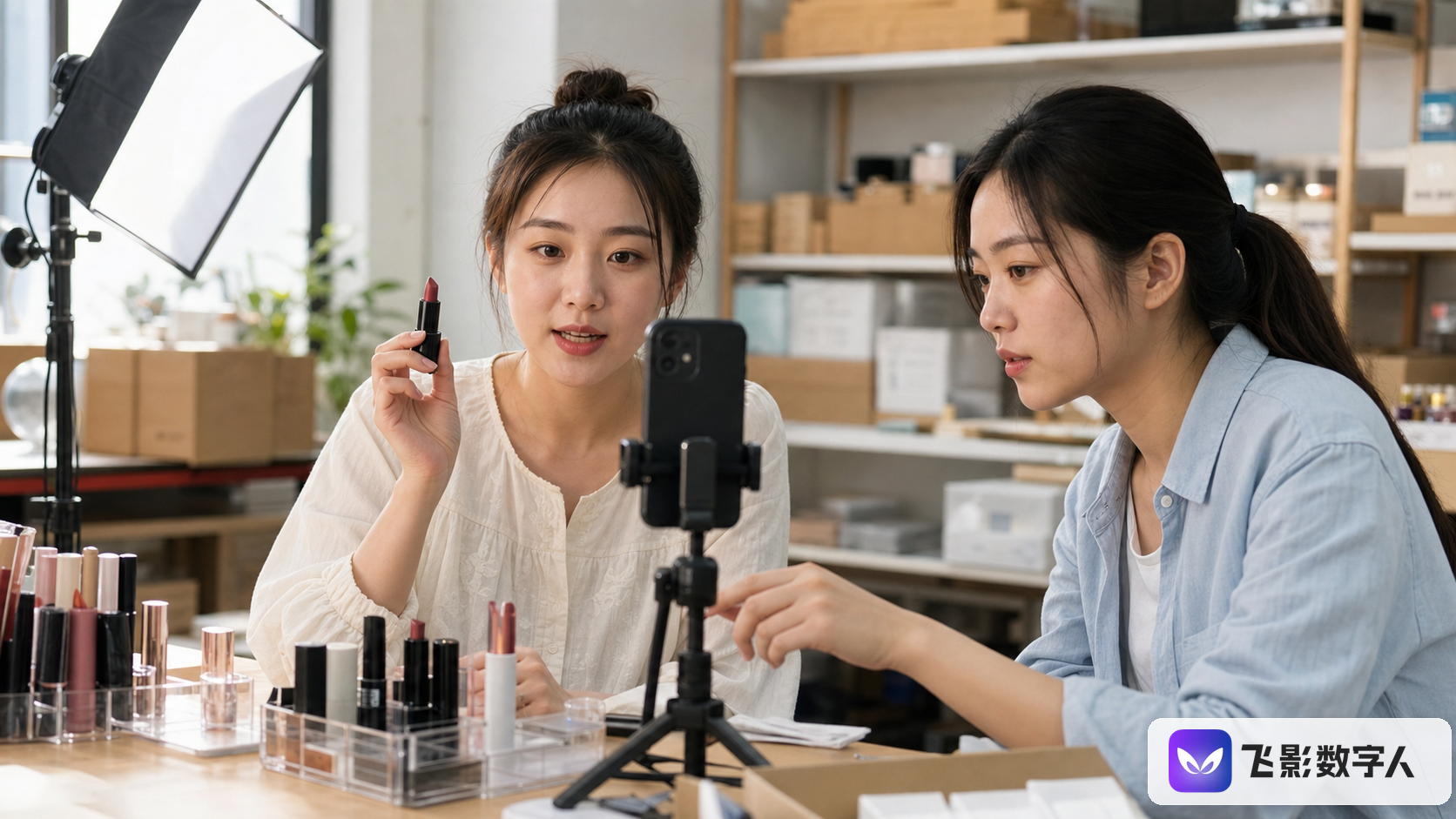 义乌彩妆团队使用手机拍摄人物手持口红的中文母视频